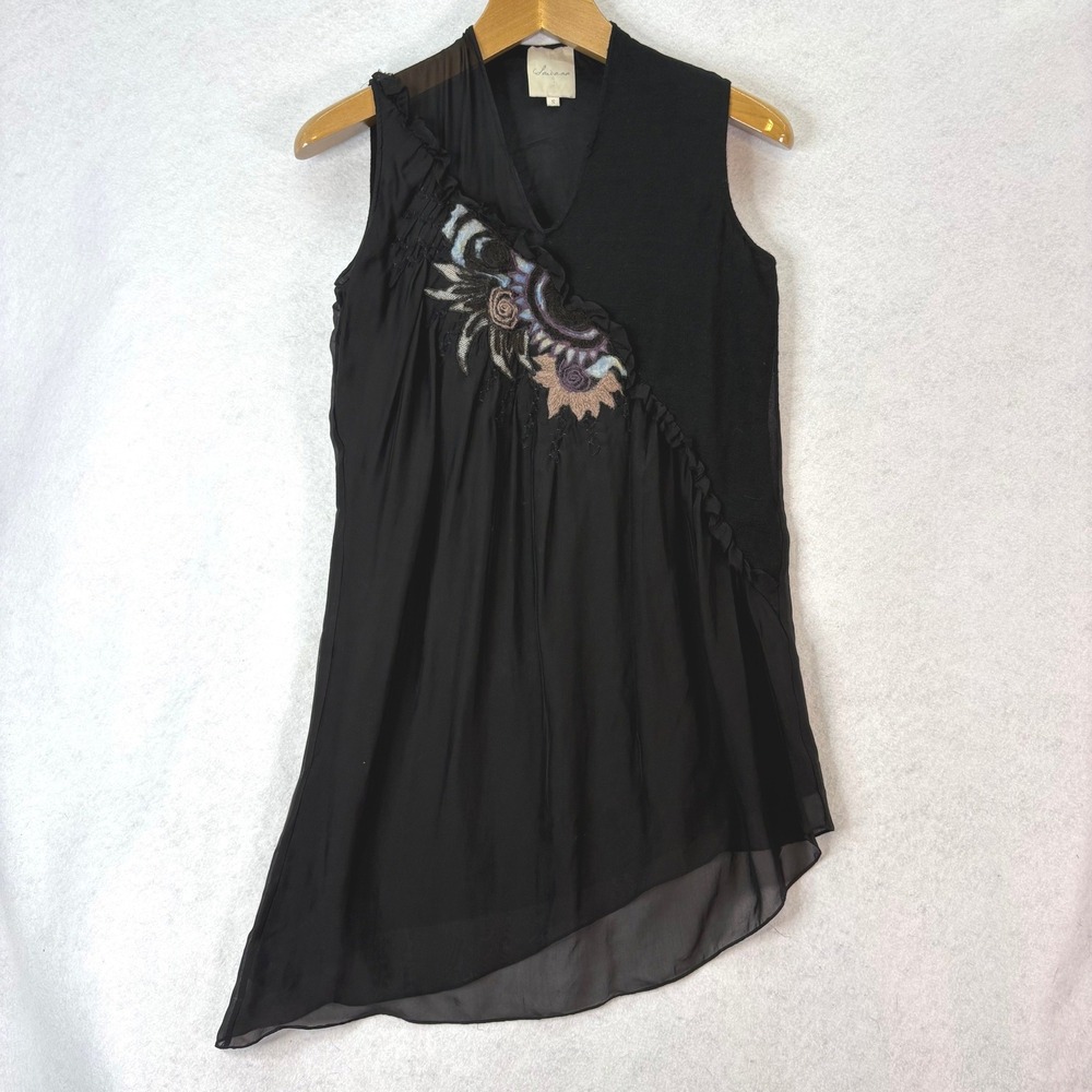Witchy Fairy Silk Wool Embroidered Black Asymmetric Dress Sz S Romantic Ethereal